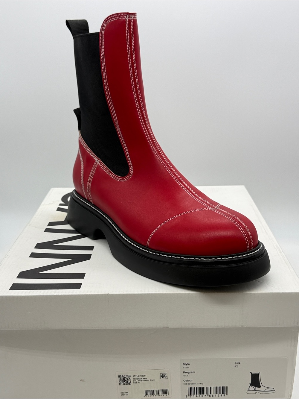 Ganni Red Leather Chelsea Boot with Black Elastic Panel